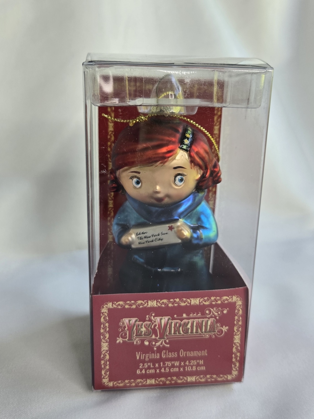 Yes Virginia Glass Christmas Ornament Macy's Promo Red Hair Girl in Box New